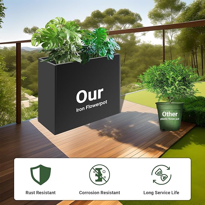 36" Metal Planter Box, Large Rectangular Window Box with Drainage Holes & Rust-Proof Coating, Modern Outdoor/Indoor Flower Box for Balcony, Patio & Herbs, Black