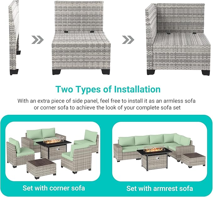 13-Piece Outdoor Patio Furniture Set with Rocking Swivel Chair, PE Wicker Rattan Sectional Sofa Patio Conversation Set with 55,000 BTU Fire Pit Table & Coffee Table, Light Green