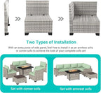 16-Piece Outdoor Patio Furniture Set with Rocking Swivel Chair, PE Wicker Rattan Sectional Sofa Patio Conversation Set with 55,000 BTU Fire Pit Table & Coffee Table, Light Green