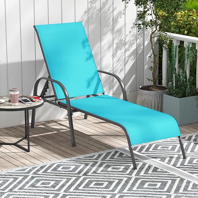 Giantex Patio Lounge Chair, Outdoor Chaise Lounge with 5 Adjustable Backrest, Sturdy Steel Frame, Sunbathing Recliner, Tanning Chair for Beach, Outside, Yard, Balcony, Pool Chairs (1,Turquoise)