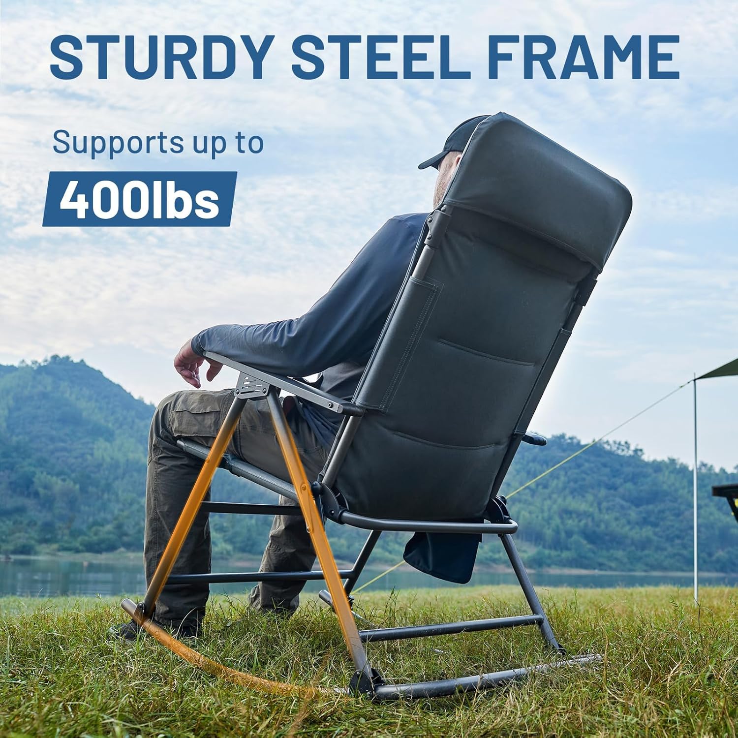 Timber Ridge Oversized Folding Rocking Camping Chair, Padded Outdoor Rocker with High Back, Portable Outdoor Chair for Patio, Garden, Lawn, Supports up to 400 lbs, Blue | Foldable Padded Outdoor Rocker with High Back, Portable Outdoor Chair for Patio