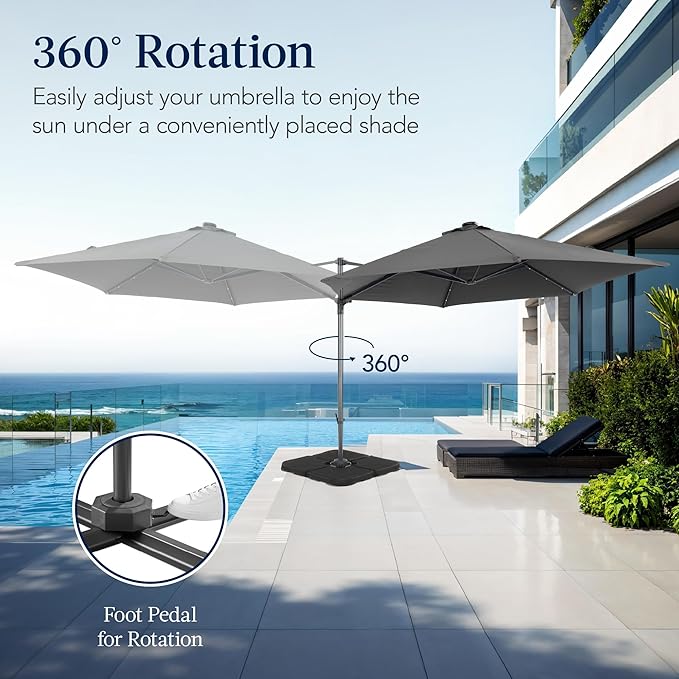 Best Choice Products 10ft Solar LED Offset Cantilever Hanging Market Patio Umbrella, Smooth 360° Rotation, 8 Sturdy Ribs, Easy Adjustment - Gray