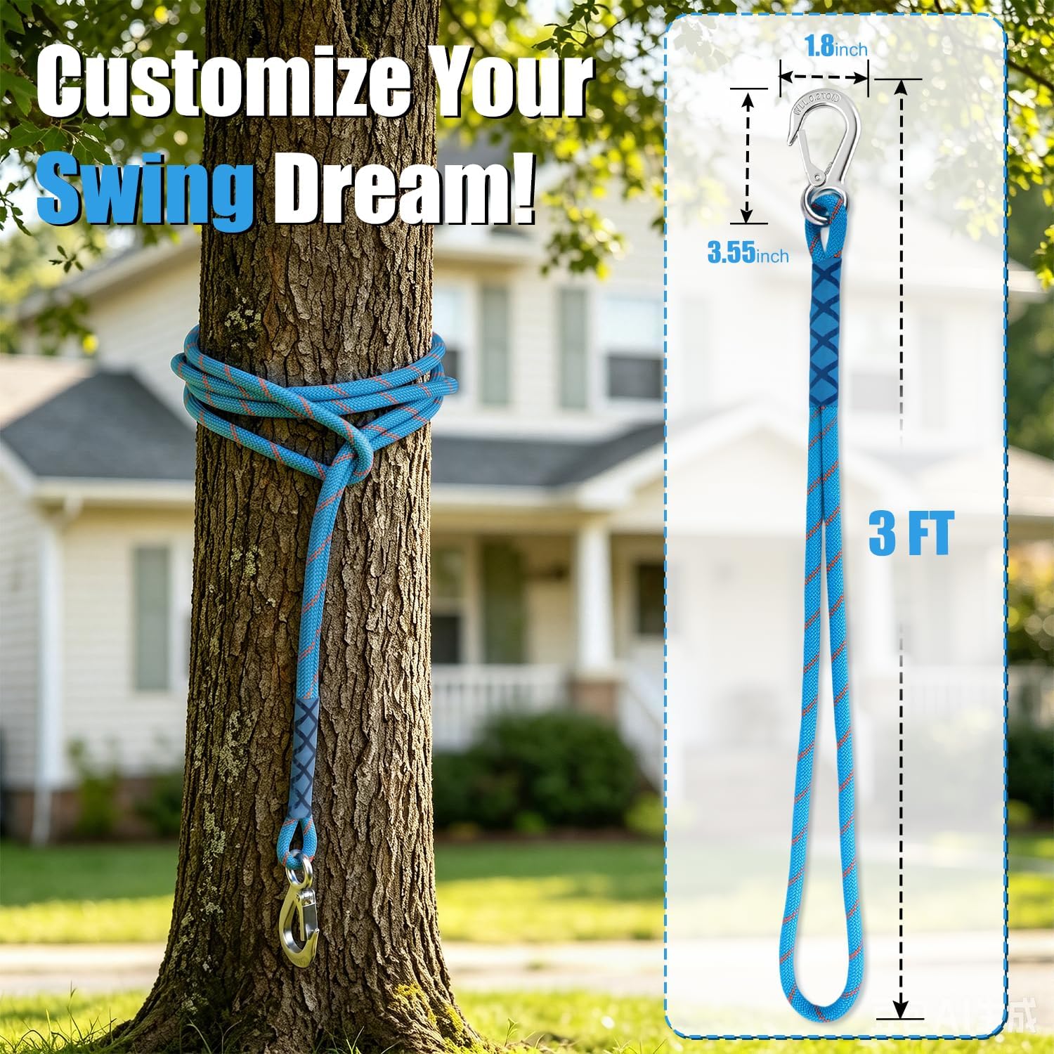 2 Pack Tree Swing Straps Hanging Kit with Stainless Steel Buckle | 3FT Heavy Duty 2000lb Capacity Hammock Straps, Adjustable Rope Straps for Tire Swing, Porch Swing, Camping & Playground