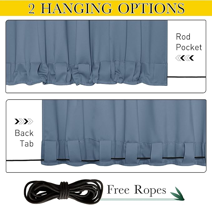 NICETOWN 2 Panels Outdoor Curtains for Patio Extra Wide 84", Waterproof & Windproof Grommet & Back Tab Fixed Top and Bottom Sun Blocking Privacy Drapes with Rope for Gazebo, Stone Blue, W84 x L84
