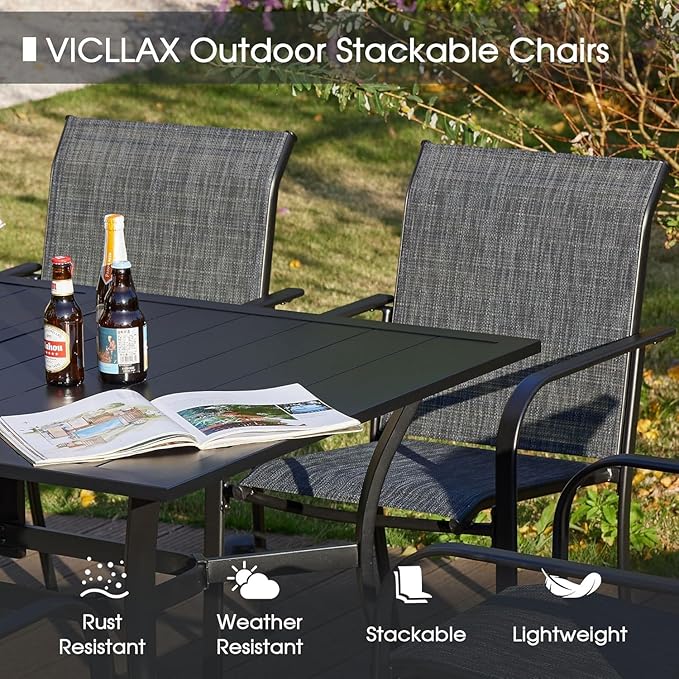VICLLAX Patio Dining Set for 6, 7 Pieces Outdoor Furniture Set- 47" Round Patio Table and Stackable Chairs, Black Tabletop and Grey Fabric