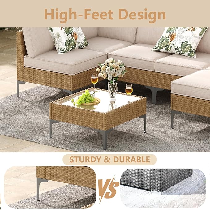 Jing's Villa 7-Piece Outdoor Patio Furniture Set,Ratten Conversation Sectional Sofa w/Coffee Table, All-Weather Patio Conversation Set with Thick and Anti-Slip Cushions for Backyard,Deck,Beige