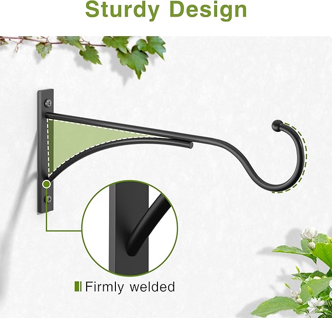 11 Inch Heavy Duty Plant Hangers Outdoor, Metal Plant Brackets for Hanging Baskets, Plant Wall Hooks for Bird Feeders, Wind Chimes & Lanterns, Premium Metal Hooks Matte Black, 30lbs Capacity