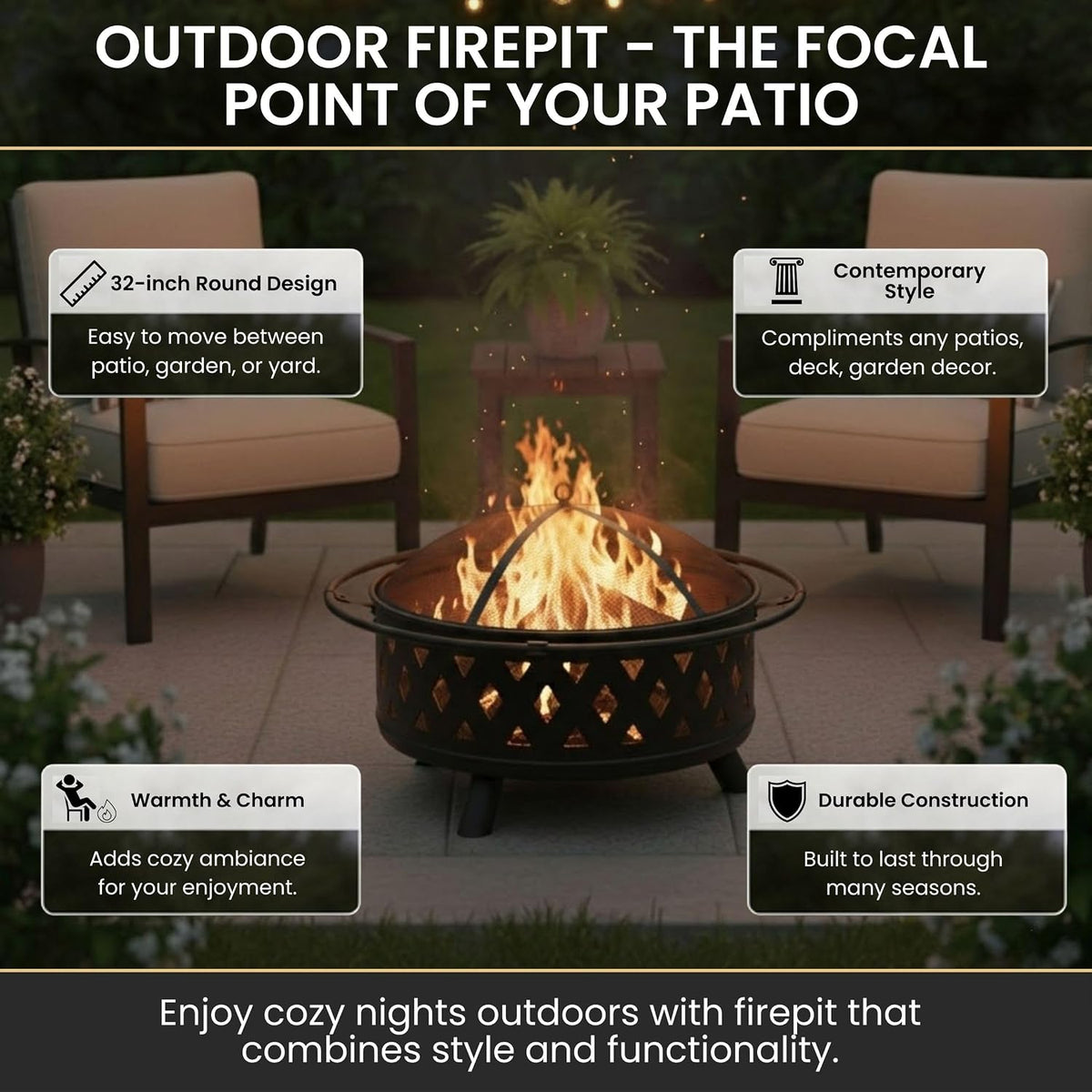 pure garden outdoor fire pit with cross weave shown in use