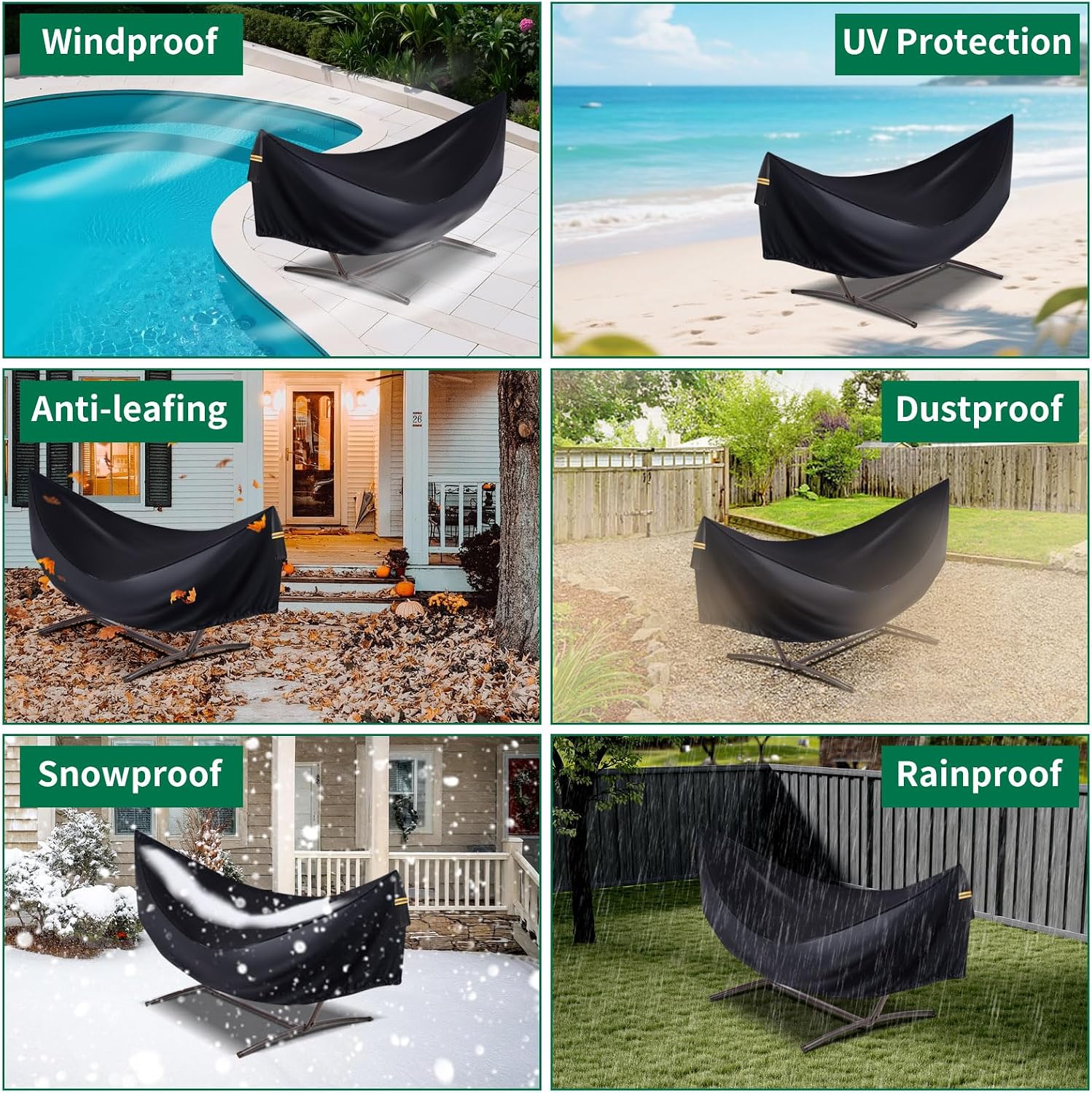 Hammock Covers Waterproof Outdoor 420D for 10-12 ft Stand | 420D Oxford, Fully Taped Seams, 3 Windproof Buckles, 2 Air Vents, Reflective Handle, 1 Elastic Cord, for Patio Garden
