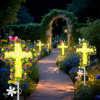 YJFWAL Solar Flower Cross for Cemetery Grave, Grave Decorations for Cemetery Solar Crosses, Sympathy Memorial Gifts, for Garden Lawn Yard Patio Decor