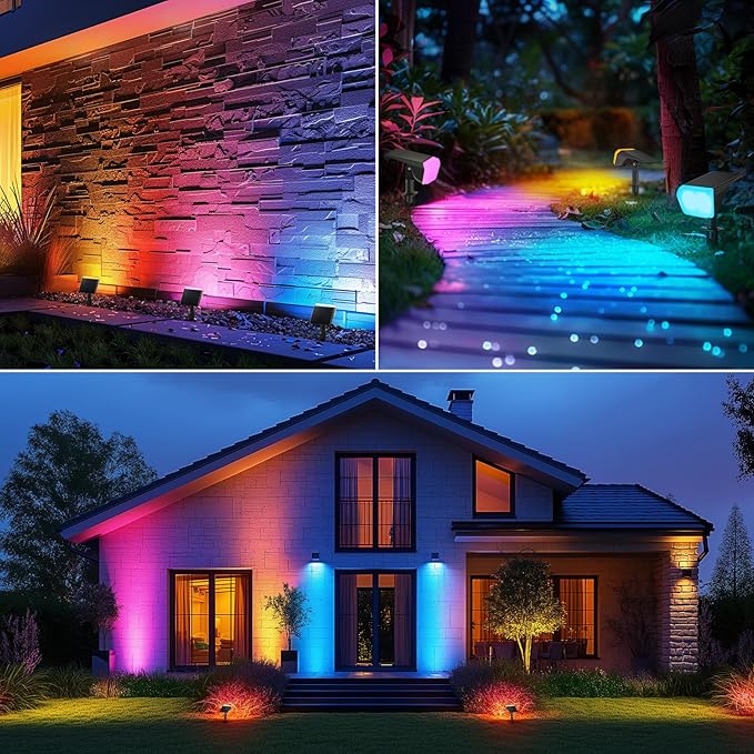 Consciot Solar Spot Lights Outdoor, Christmas Color Changing Lights Waterproof, 10 Colors Dusk-to-Dawn Landscape Spotlights, Outdoor Christmas Decorations for Garden Yard, 6 Pack