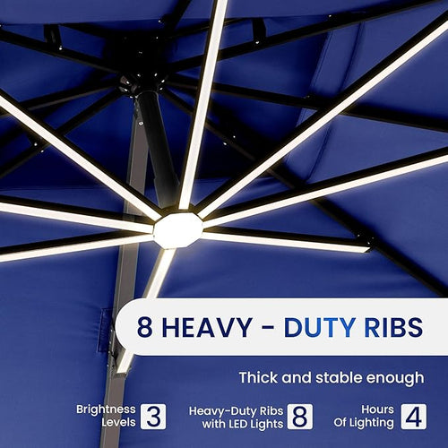 10 X 13 FT Cantilever Patio Umbrella with LED Lights Outdoor Heavy Duty Double Top Windproof Rectangle Offset Umbrellas with 360-degree Rotation for Pool Deck Backyard, Navy