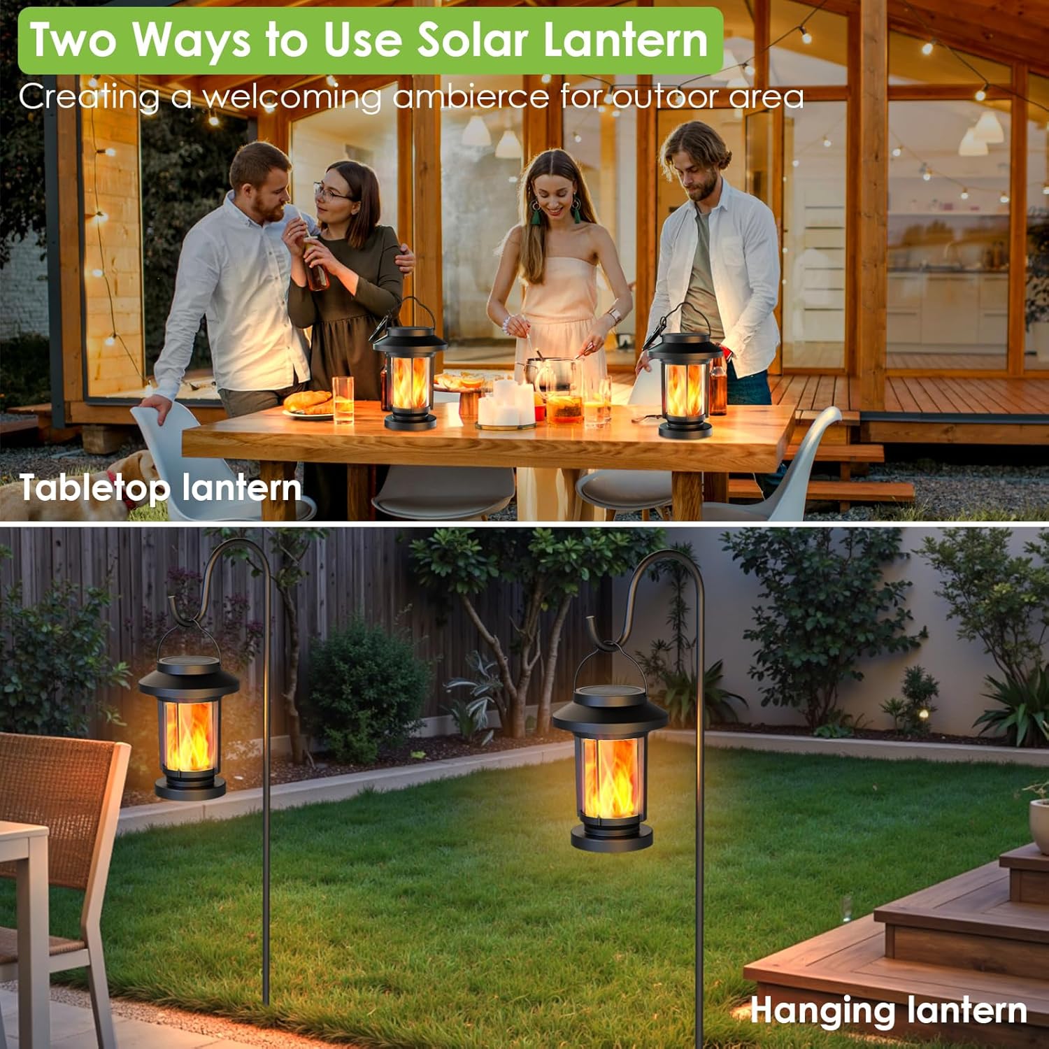 Solar Lantern Outdoor Waterproof, Flickering Flameless Solar Lights Hanging Lantern, Auto On/Off Decorative Solar Garden Lights for Patio Yard Porch Pathway Camping Decor