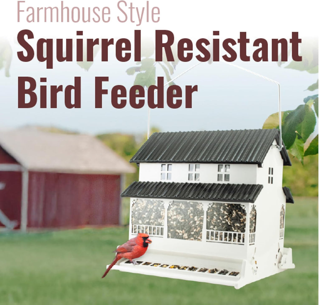 Woodlink Steel Hanging Mount Backyard Farmhouse Squirrel Resistant Wild Bird House Feeder with 10.5 Quarts Seed Feeding Capacity, Black and White