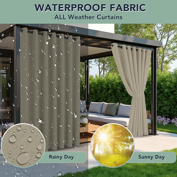 Patio Curtains Outdoor Waterproof - 6 Panels Privacy Weatherproof Outside Curtains with Grommets for Pergola, Gazebo, Porch, Cabana, Balcony, 54 x 95 Inch, Taupe