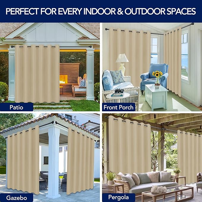PureFit Outdoor Curtains for Patio Waterproof Weatherproof, UV and Fade Resistant Outside Curtains for Gazebo, Front Porch, Pergola, Sun Blocking Privacy Curtain, 100W x 95L inch, 1 Panel, Beige