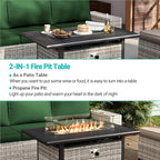 7-Piece Outdoor Patio Furniture Set with 55,000 BTU Fire Pit Table, PE Wicker Rattan Sectional Sofa Patio Conversation Set with Thickened Cushions & Coffee Table, Dark Green