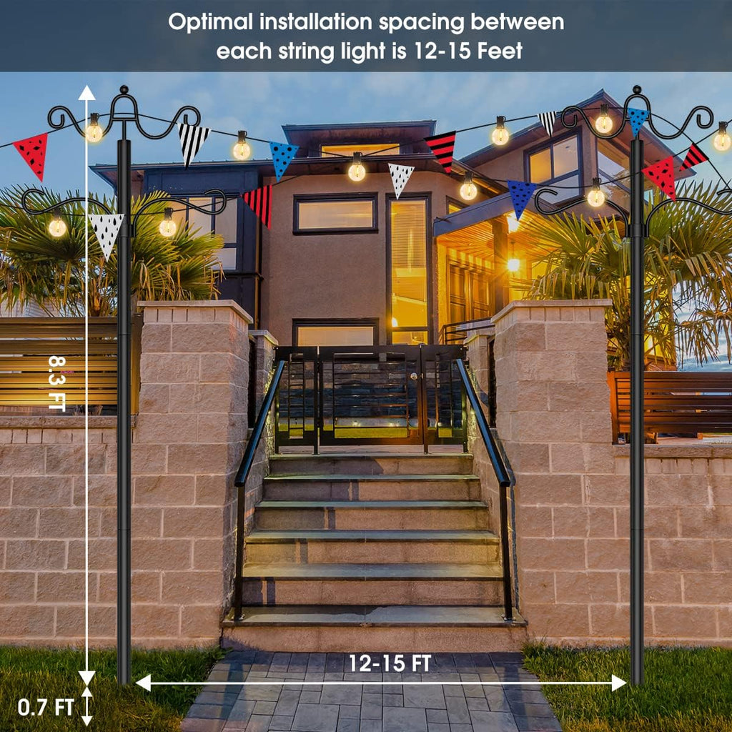 Arrinew String Light Poles 9 FT Metal Poles with Hook for Outside String Lights - Outdoor Patio Light Poles Lighting Stand for Deck, Backyard, Balcony, Hanging Basket, Lantern, Bird Feeder 4Pack
