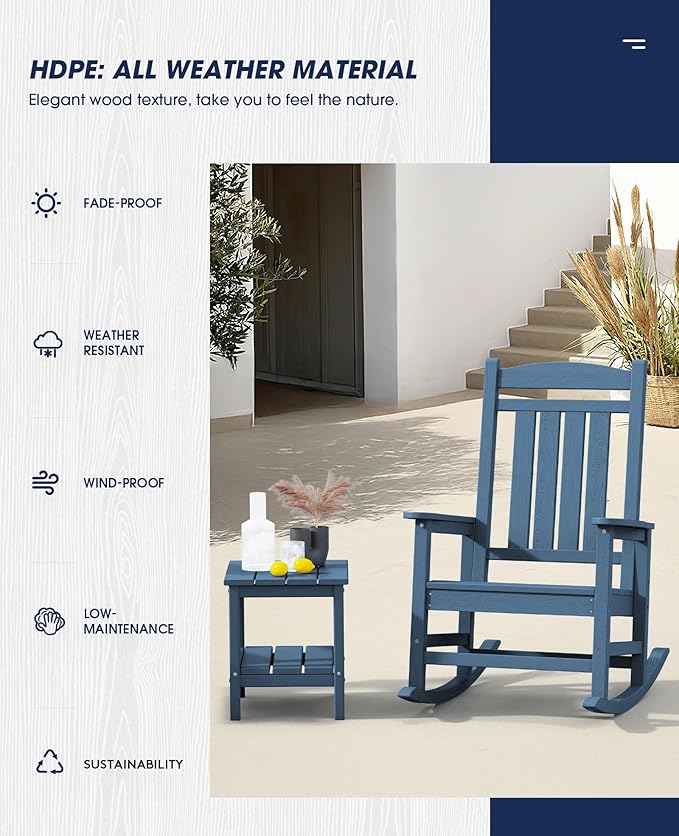 KINGYES Oversized Outdoor Rocking Chair Set of 4, High Density Polyethylene Patio Rocking Chairs with 330lbs Support for Adults, Navy