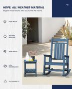 KINGYES Oversized Patio Rocking Chair Set of 2, High Density Polyethylene Outdoor Rocking Chairs with 330lbs Support for Adults, Navy