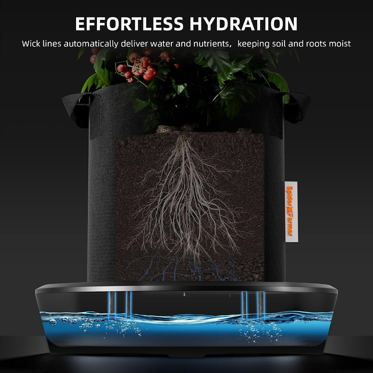 spider farmer 4 pot gravity-fed self watering system shown in use