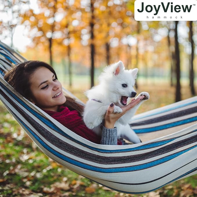JoyView Brazilian Double Hammock with Hanging Ropes Extra Large 86.6x59” Portable Cotton Hammock for Patio Backyard Porch 450LBS Weight Capacity Perfect for Outdoor/Indoor - Black/Red Stripe