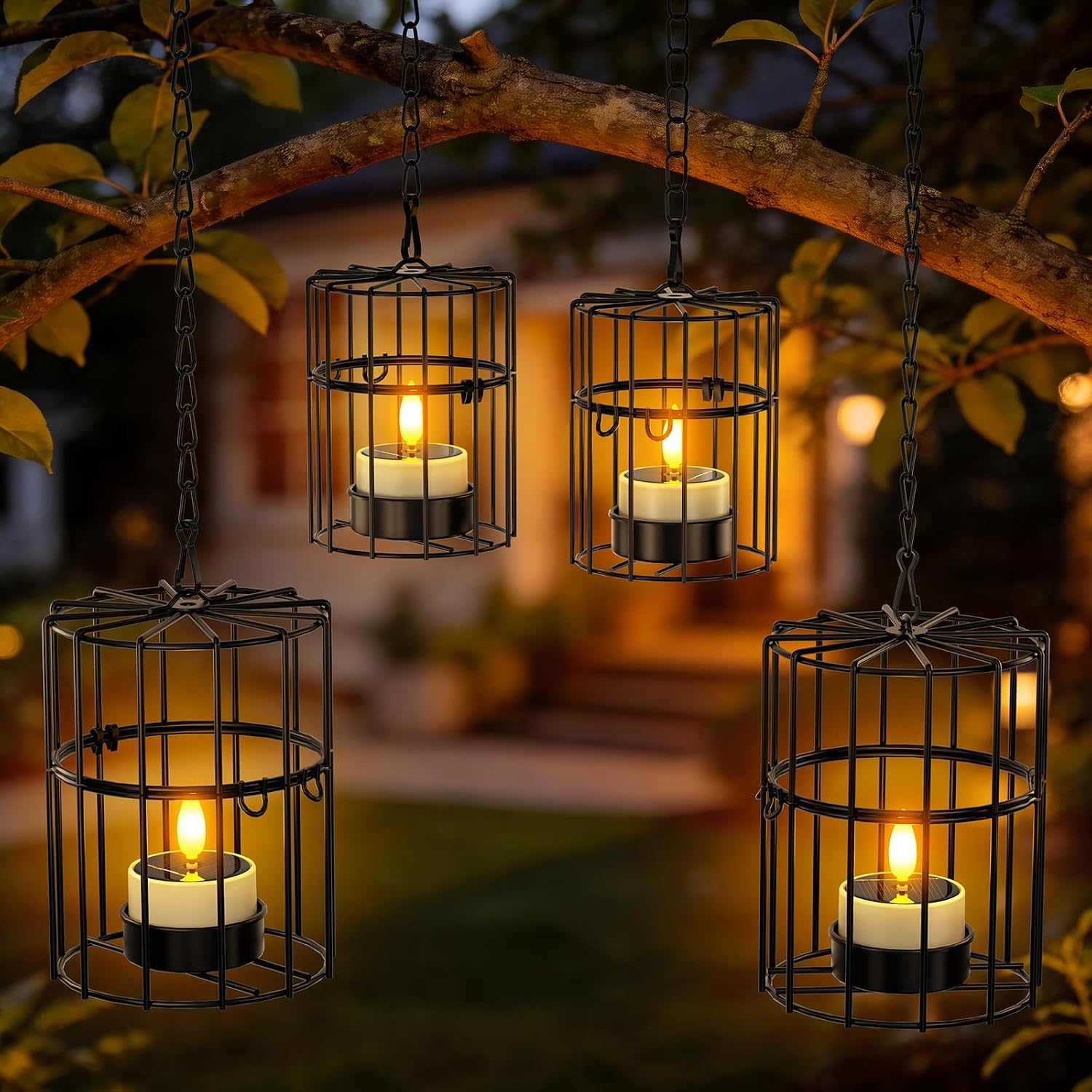 PChero Solar Hanging Lanterns Outdoor Waterproof, 4 Tea Lights, 18.1" Chain | 2 large + 2 small iron holders, flickering LED tea lights, for patio garden tree backyard, 10-12H runtime, removable chain
