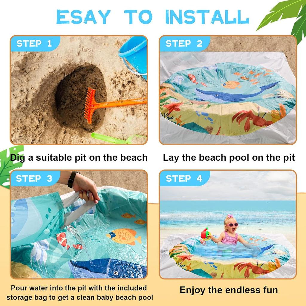 6.5 X 6.5Ft Baby Beach Pool, 2 in 1 Square Portable Toddler Beach Puddle | Cartoon Ocean Theme, Waterproof & Sandproof, Cute Toddler Paddling Pool Beach Blanket with Carrying Bag for Boys Girls, Green
