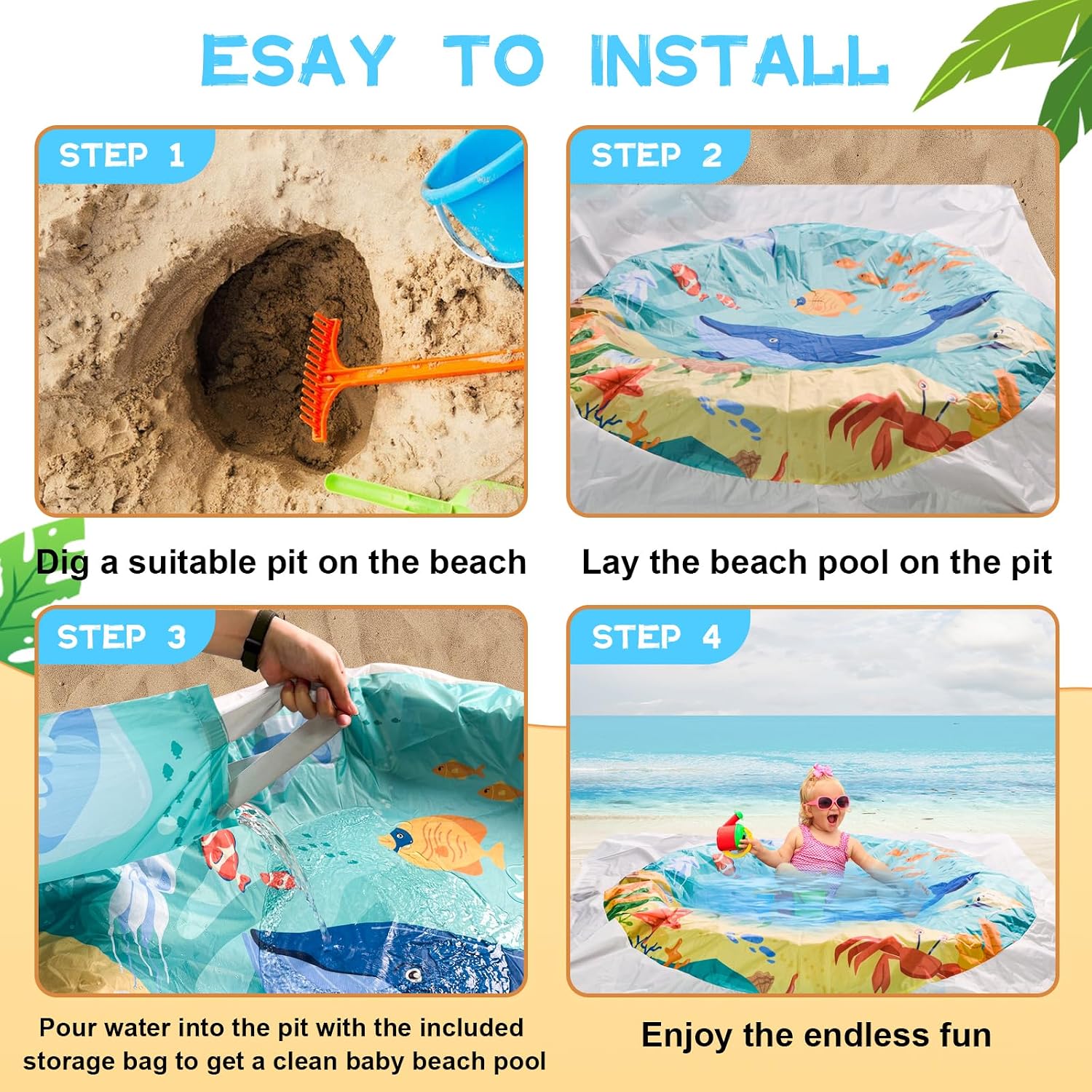 6.5 X 6.5Ft Baby Beach Pool, 2 in 1 Square Portable Toddler Beach Puddle | Cartoon Ocean Theme, Waterproof & Sandproof, Cute Toddler Paddling Pool Beach Blanket with Carrying Bag for Boys Girls, Green