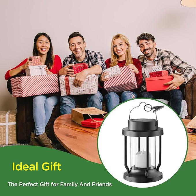 Solar Lantern Outdoor & Indoor Use – Hanging Solar Lights with Realistic Flickering Flameless Candle, Weatherproof for Gardens, Patios, Trees, and Lawns (Black, 4 Pack)