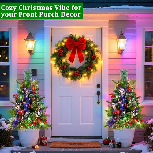 2 Pack Outdoor Christmas Tree Urn Fillers with 8 Modes Timer, 40 Warm & Colorful Change Lights, Pinecones Red Berries Decorations, Battery Operated for Holiday Planters Yard Porch Pathway Xmas Decor