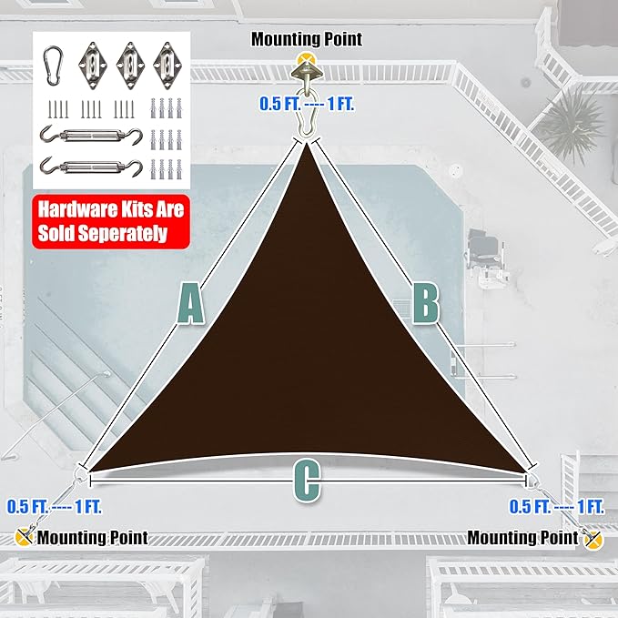 Amgo Custom Size 8' x 8' x 8' Brown Triangle Sun Shade Sail UPF50+ AGTAPRT12, Order to Make Canopy Awning, 95% UV Blockage, Water & Air Permeable, Commercial Standard (We Customize)