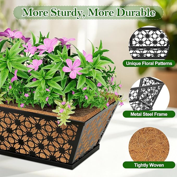 SPECILITE 24" Window Boxes Planters, Heavy Duty Metal Railing Planter Boxes, Adjustable Balcony Planters for Railing Hanging, with Coco Liner & Tool Set for Deck, Porch, and Patio Gardening (4 Pack)
