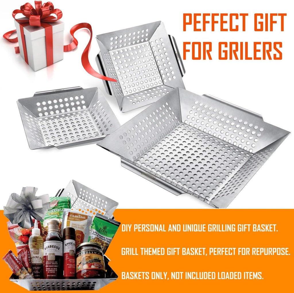 3 Pack Grill Baskets for Outdoor Grill, Heavy Duty Stainless Veggie Pan Set | Vegetable Grill Basket, Grilling Accessories for All Grills & Smokers, Space-Saving 1 Large, 2 Small, Grilling Gifts for Men