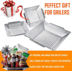3 Pack Grill Baskets for Outdoor Grill, Heavy Duty Stainless Veggie Pan Set | Vegetable Grill Basket, Grilling Accessories for All Grills & Smokers, Space-Saving 1 Large, 2 Small, Grilling Gifts for Men