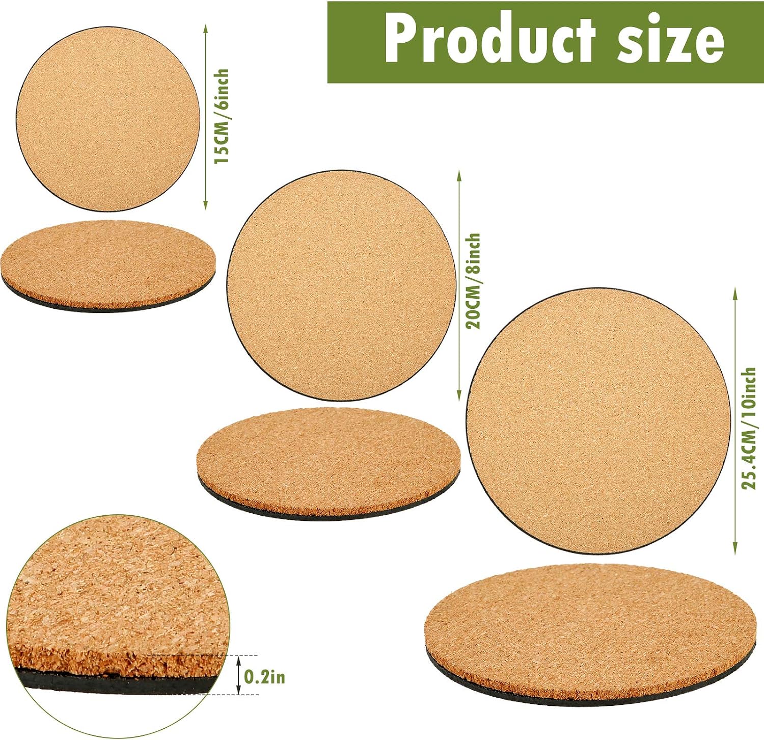 6 Pieces 6/8/10 Inch Cork Plant Pad 3 Sizes Cork Plant Mat Plastic Round Plate Coasters for Garden, Courtyard, Pot, Indoor Outdoor and DIY Craft Project