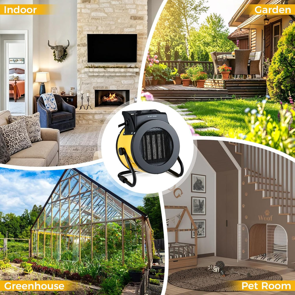 greenhouse heater with thermostat, 1500w outdoor heater, yellow on a desk or shelf