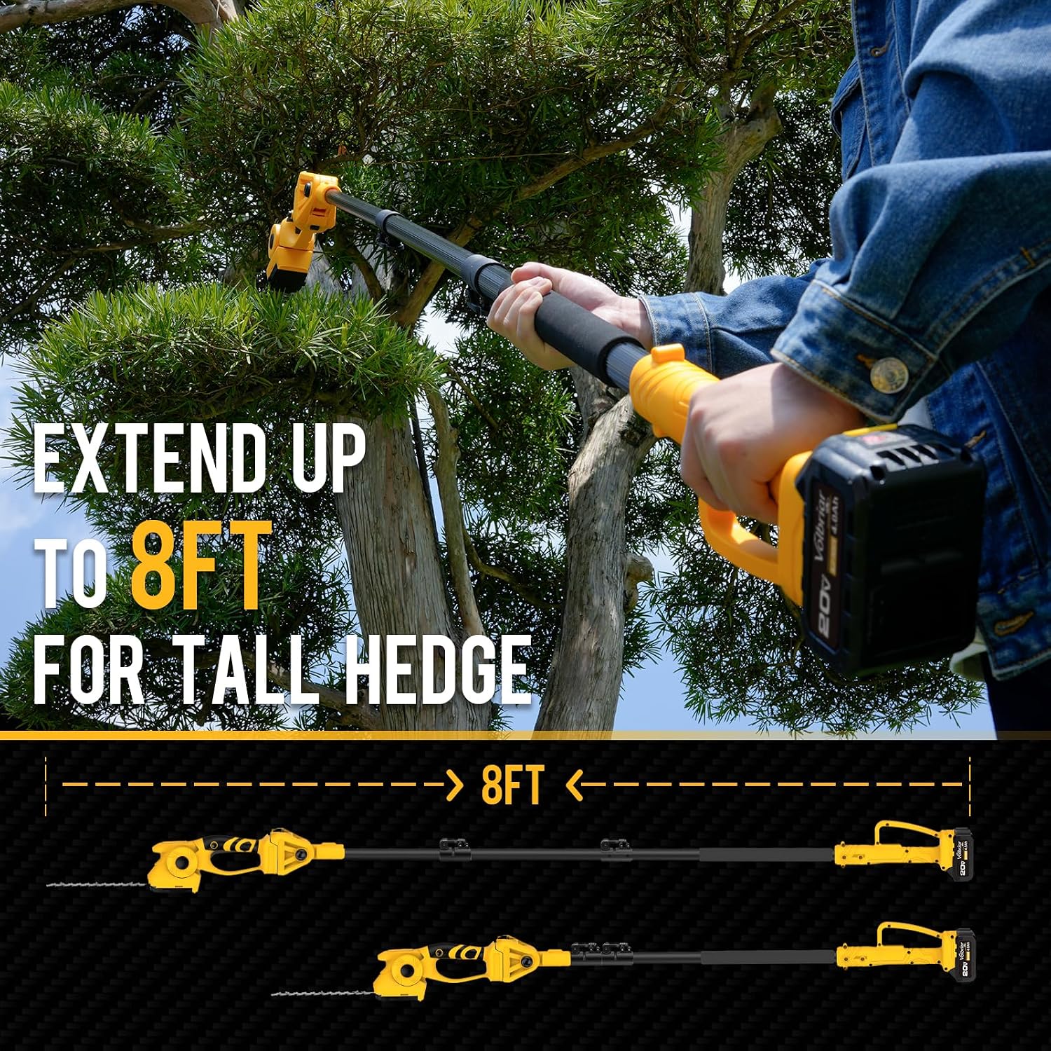2-in-1 Cordless Pole Hedge Trimmer & Grass Shear, 14FT Reach | 20V Power with 2x4Ah Batteries, 9" Hedge Blade & Grass Shear, Multi-Angle Head, Up to 2800RPM for Shrubs and Lawn Edges