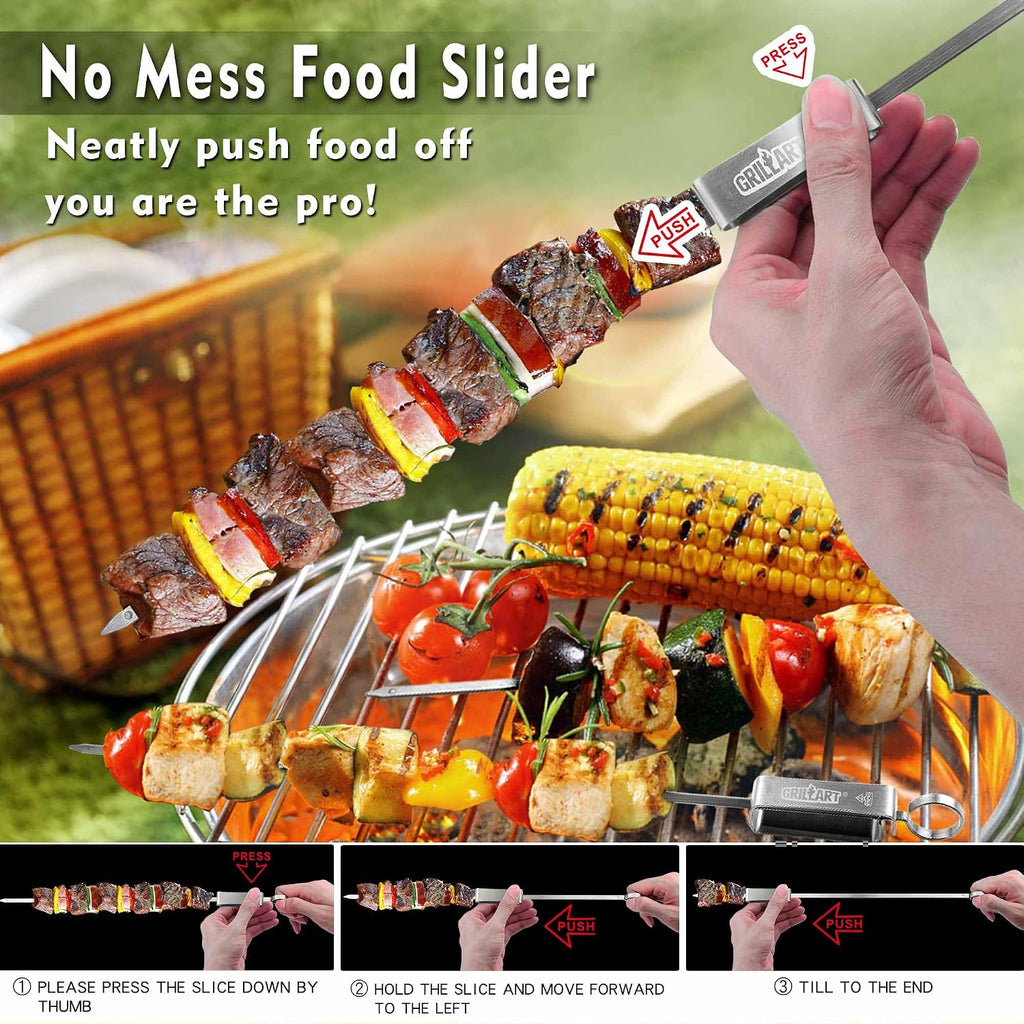 GRILLART Kabob Skewers for Grilling - Metal Skewer for Kabobs with Slider - Flat BBQ Skewer Stainless Steel - 17" Shish Kabob Grill Skewers & Ideal Kabob Sticks for Meat Shrimp Chicken Veggie (10PCS)