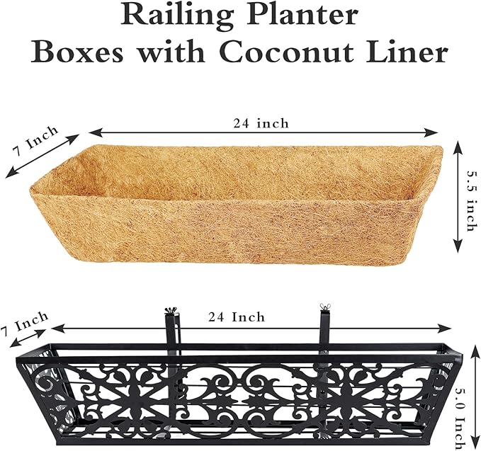6 Pack 24 Inch Window Boxes Planters Railing Planter Box with Adjustable Brackets & Coco Liners Fabric Plant Grow Bags Deck Railing Planter Boxes Balcony Hanging Flower Box for Outdoor Plants