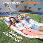 2 Person Outdoor Hammock with Stand, Cotton Rope Hammock with Polyester Pad, Adjustable Steel Frame, Portable with Carrying Bag – for Patio, Backyard, Garden, Beach, Cloud-Gray