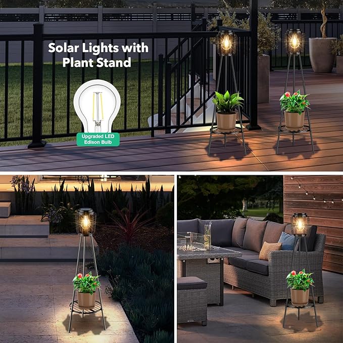 2 Pack Solar Lights with Plant Stand, Outdoor Floor Lamp, Waterproof Solar LED Edison Bulb Floor Lamps for Patio Porch Deck Yard Garden Decor