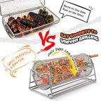 2-in-1 Rolling Grill Basket 304 Stainless Steel Rotatable with Dual Handles | Crank & Straight Grip Handles, Grill Net for Vegetables Shrimp & More, Ideal BBQ Gift for Men, Dad, Husband, Dishwasher Safe
