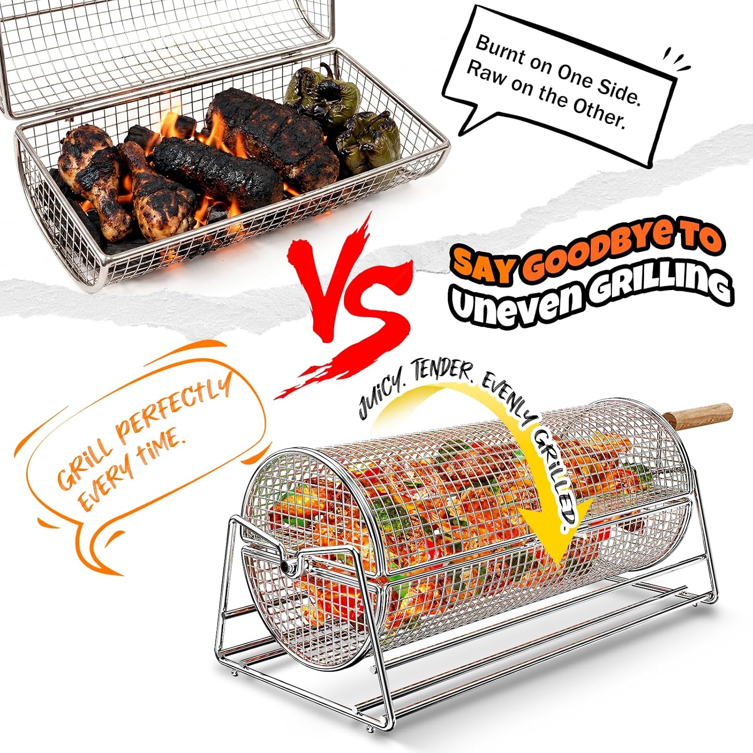 2-in-1 Rolling Grill Basket 304 Stainless Steel Rotatable with Dual Handles | Crank & Straight Grip Handles, Grill Net for Vegetables Shrimp & More, Ideal BBQ Gift for Men, Dad, Husband, Dishwasher Safe