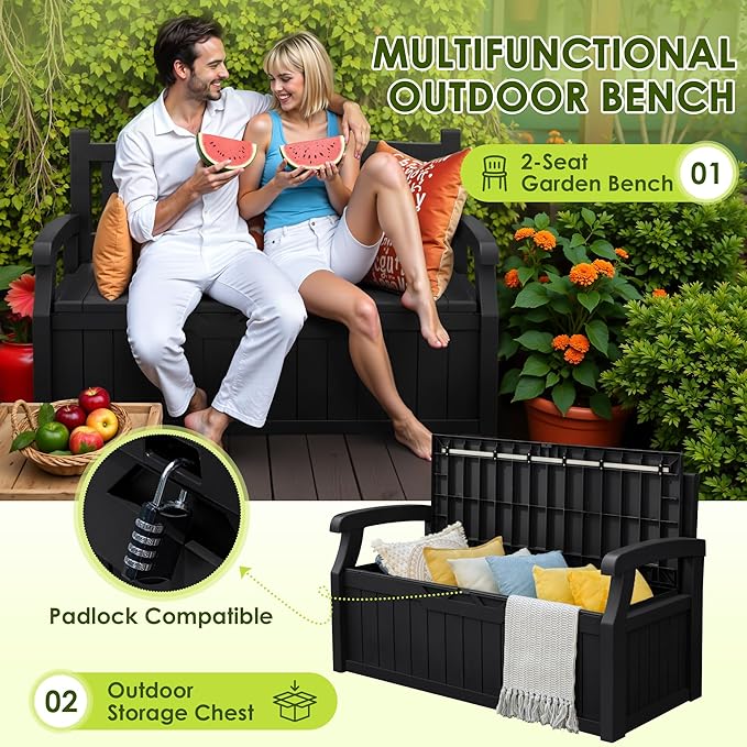 Greesum 80 Gallon Outdoor Storage Bench, Resin Patio Furniture with Armrest,Waterproof and UV-Resistant, Perfect to Garden, Poolside and Lawn, Black