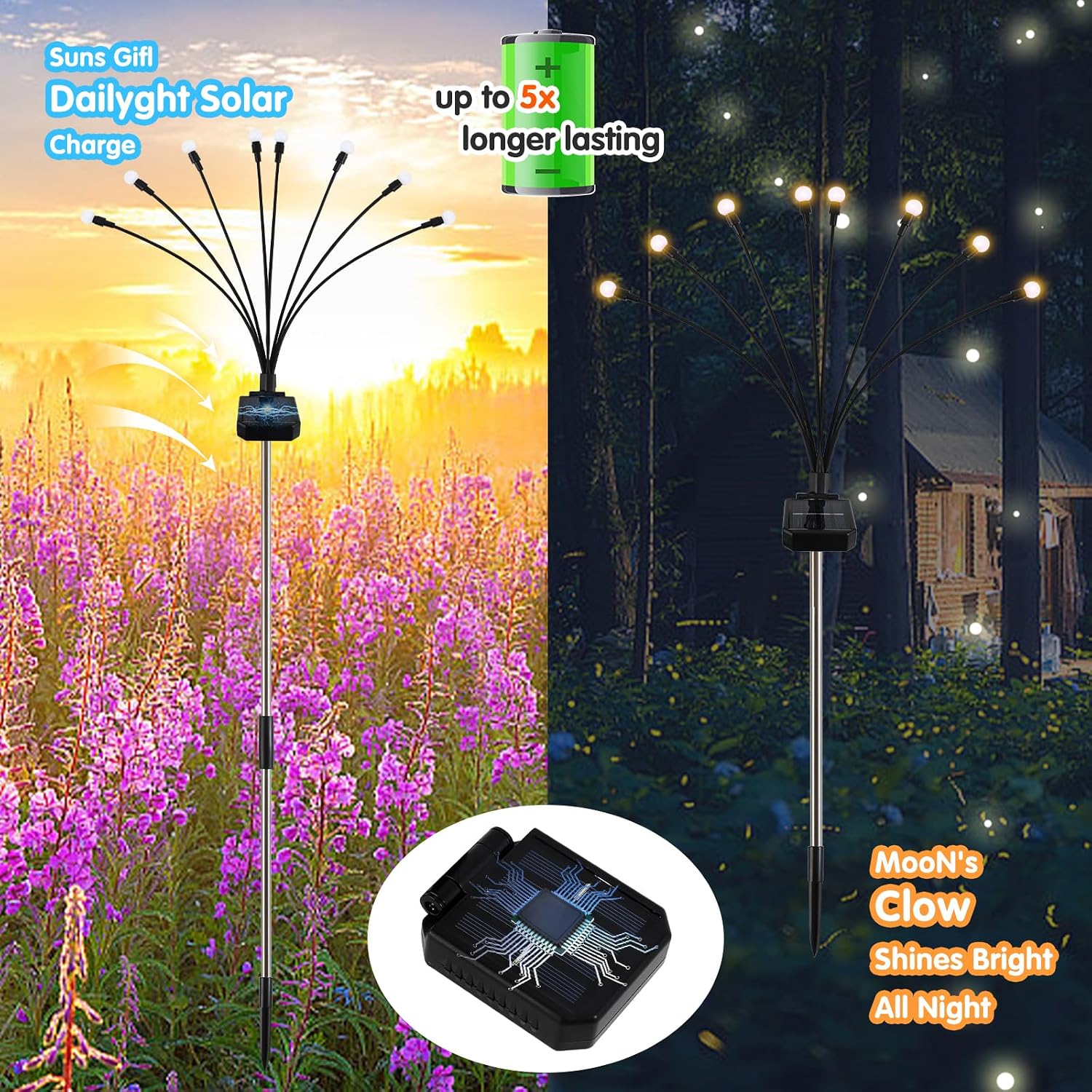 4 Pack Solar Firefly Lights Outdoor, 8 Mode Adjustable Height Swaying, IP65 | Firefly solar lights, solar garden lights, IP65 waterproof, auto dusk-to-dawn, zero-wire, pathway garden landscape
