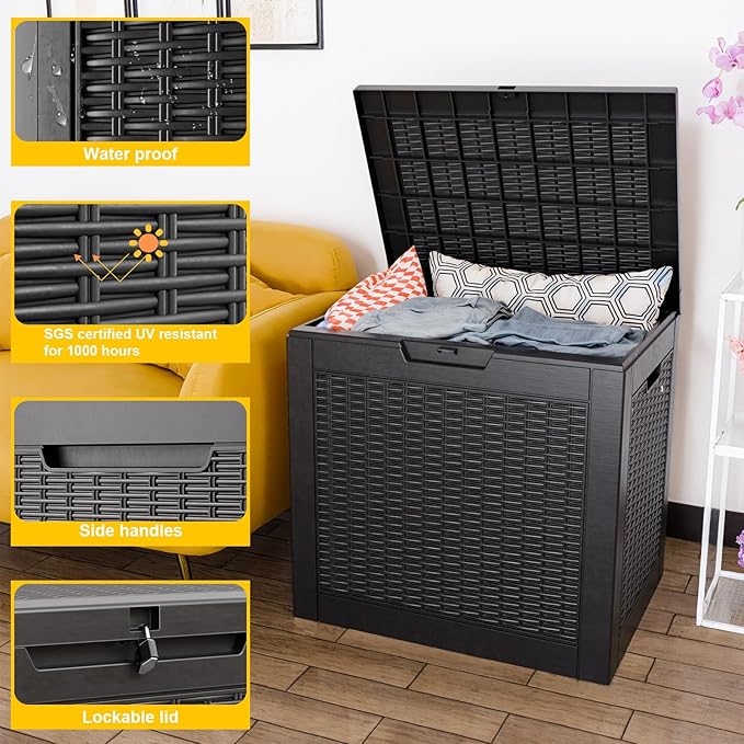 37 Gallon Outdoor Deck Box, Lockable Waterproof Outdoor Storage Boxes For Garden Tools,Indoor Cushions,Accessories Outside Storage Resin Weatherproof Container(Black)