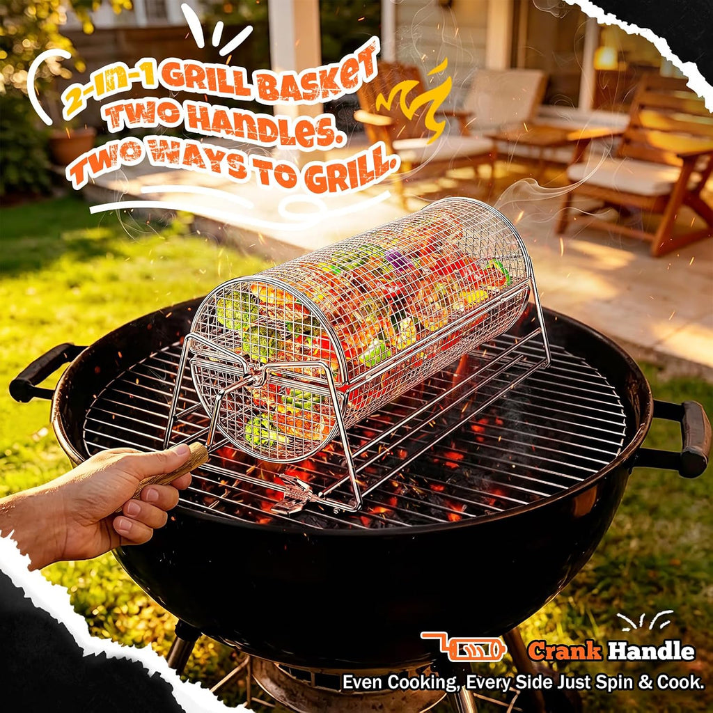 2-in-1 Rolling Grill Basket 304 Stainless Steel Rotatable with Dual Handles | Crank & Straight Grip Handles, Grill Net for Vegetables Shrimp & More, Ideal BBQ Gift for Men, Dad, Husband, Dishwasher Safe