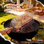 2-in-1 Rolling Grill Basket 304 Stainless Steel Rotatable with Dual Handles | Crank & Straight Grip Handles, Grill Net for Vegetables Shrimp & More, Ideal BBQ Gift for Men, Dad, Husband, Dishwasher Safe