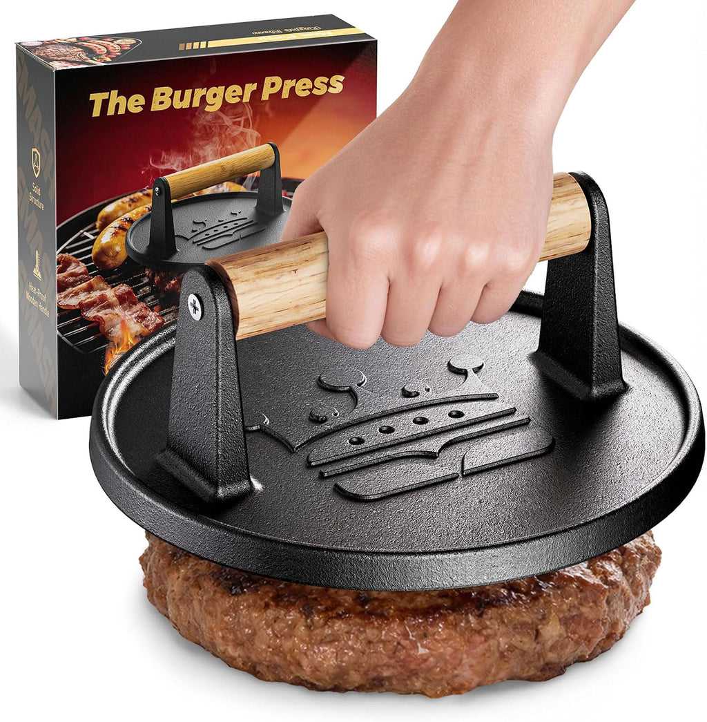Smash Burger Press 6.5",Cast Iron Flat Round Burger Smasher, Gift | 2lb Heavy-Duty Grill Bacon Meat Press with Wood Handle,Nonstick hamburger Smasher for griddle accessories,BBQs and Tailgates